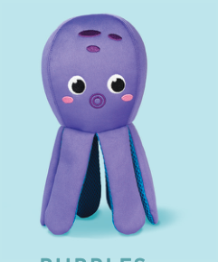 Bubbles the purple octopus toy with black eyes and pink cheeks