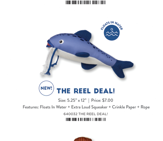 The Reel Deal blue fish dog toy with rope in its mouth