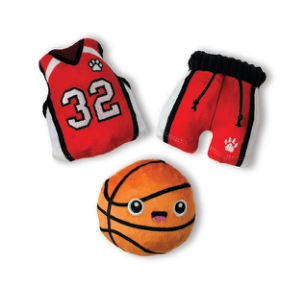 Red basketball jersey with number 32, red shorts, and a plush basketball toy with a face