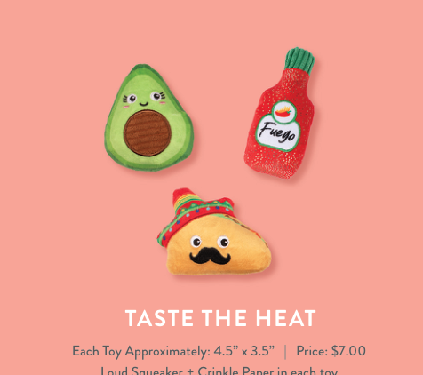 Avocado, hot sauce, and taco dog toys