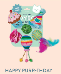Fringe Studio Happy Purr-thday cat toy set with cupcake, party hat, balloon, and feathered toys