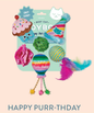 Fringe Studio Happy Purr-thday cat toy set with cupcake, party hat, balloon, and feathered toys
