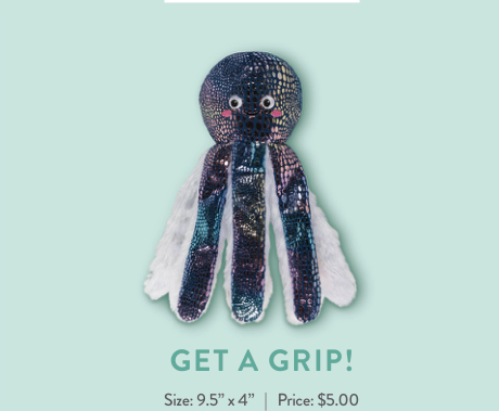 Shimmering blue and purple octopus plush toy with white furry underside and pink cheeks
