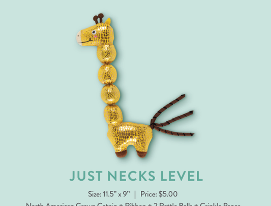 Just Necks Level cat toy shaped like a giraffe with a gold textured body and brown tail