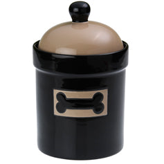 PetRageous Designs Treat Jar, black ceramic with a tan lid and a tan bone graphic on the front