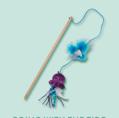 A cat wand toy with a wooden stick, blue string, and two dangling toys: a blue feathered fish and a purple jellyfish