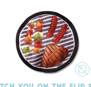 Fringe Studio CATCH YOU FLIPSIDE DURABLE PLUSH DOG TOY with grilled steak, sausages, and kebabs