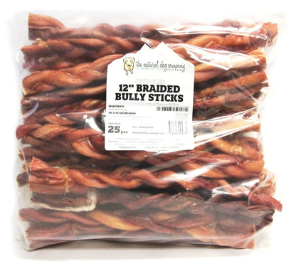 12" Thick Braided Bully Sticks - Odor Free (Bulk)- Pack of 25