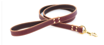 Burgundy leather dog leash with gold hardware