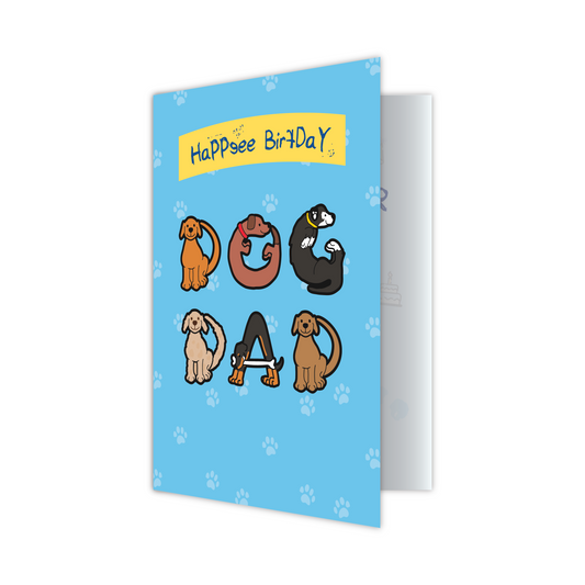 Happy Birthday Dog Dad greeting card with cartoon dogs forming the words Dog Dad