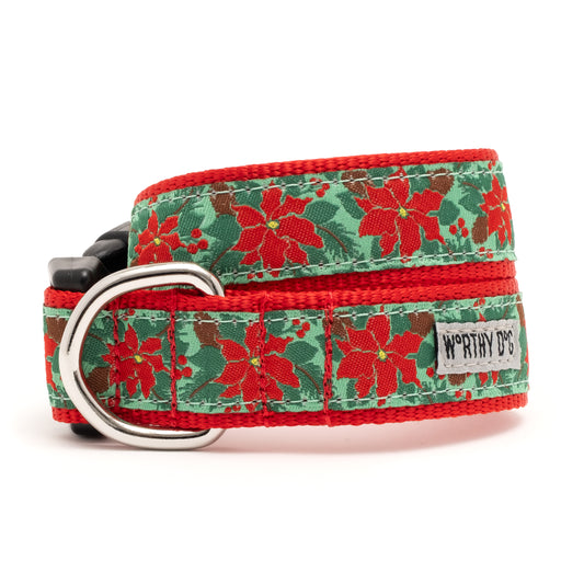 The Worthy Dog Poinsettias Collar, red and green with poinsettia and holly berry pattern
