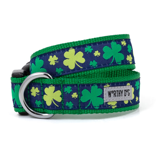 The Worthy Dog Lucky Collar in green and blue with shamrocks and a silver D-ring