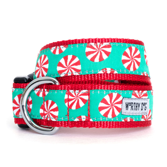 The Worthy Dog Peppermints Collar in red and green with white peppermint candy pattern