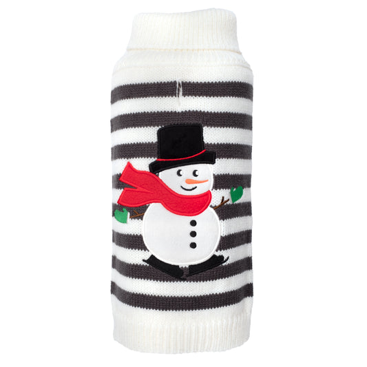 The Worthy Dog Stripe Snowman Sweater with white and grey stripes and a snowman graphic