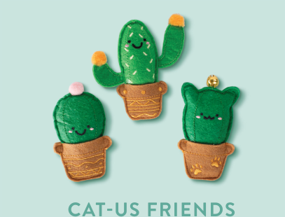Three green felt cactus cat toys in brown pots, one with a pink flower, one with orange arms, one with a bell