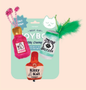 Three catnip toys shaped like a pink wine bottle, a white seltzer can, and an orange whiskey bottle