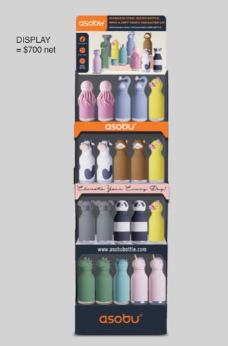 Asobu stainless steel water bottle display with various animal character lids