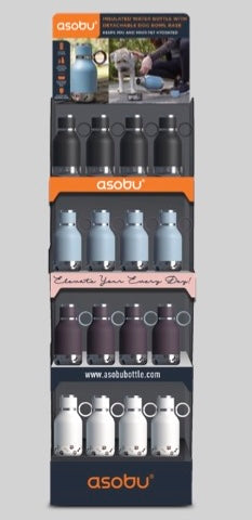 Asobu dog bowl water bottle display with black, blue, purple, and white bottles