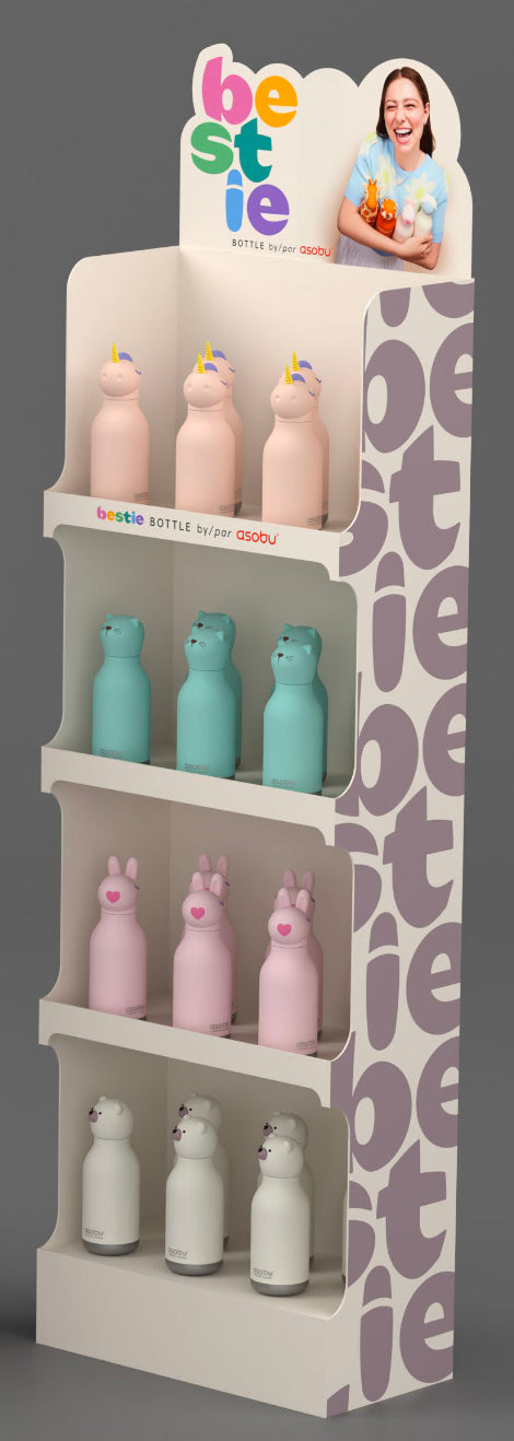 Bestie Bottle by Asobu display with unicorn, cat, bunny, and bear bottles