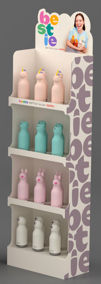 Bestie Bottle by Asobu display with unicorn, cat, bunny, and bear bottles