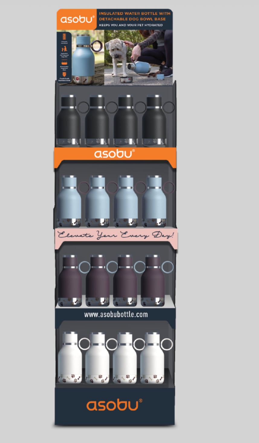 Asobu water bottle display with black, blue, purple, and white bottles, each with a detachable dog bowl base
