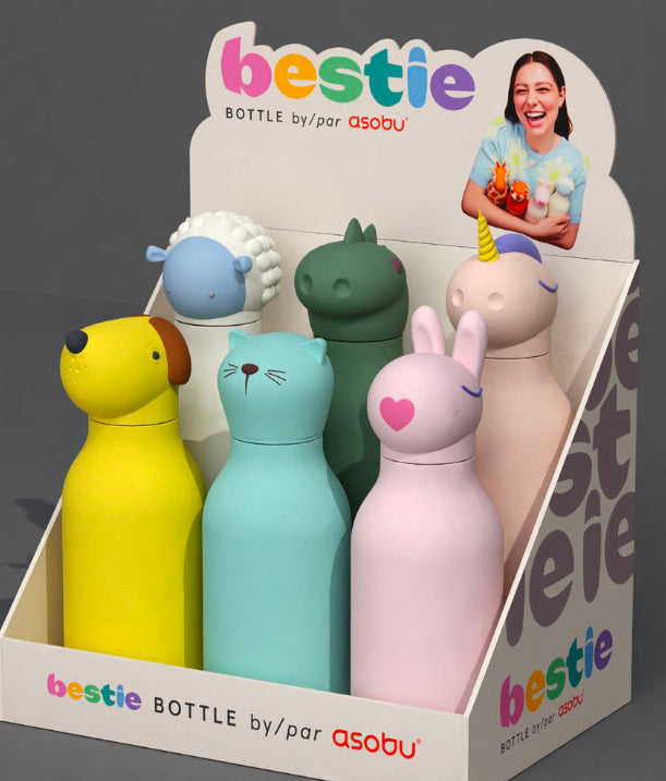 Asobu Mini Bestie Animal Bottles in a display box, featuring dog, sheep, cat, dinosaur, bunny, and unicorn designs