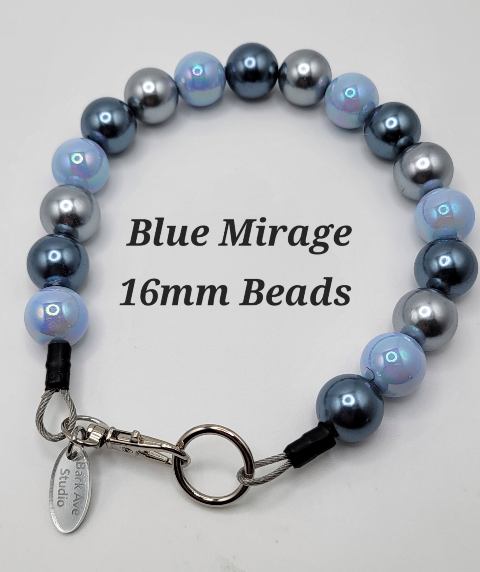Blue Mirage 16mm Beads by Bark Ave Studio, a necklace with blue, light blue, and silver beads