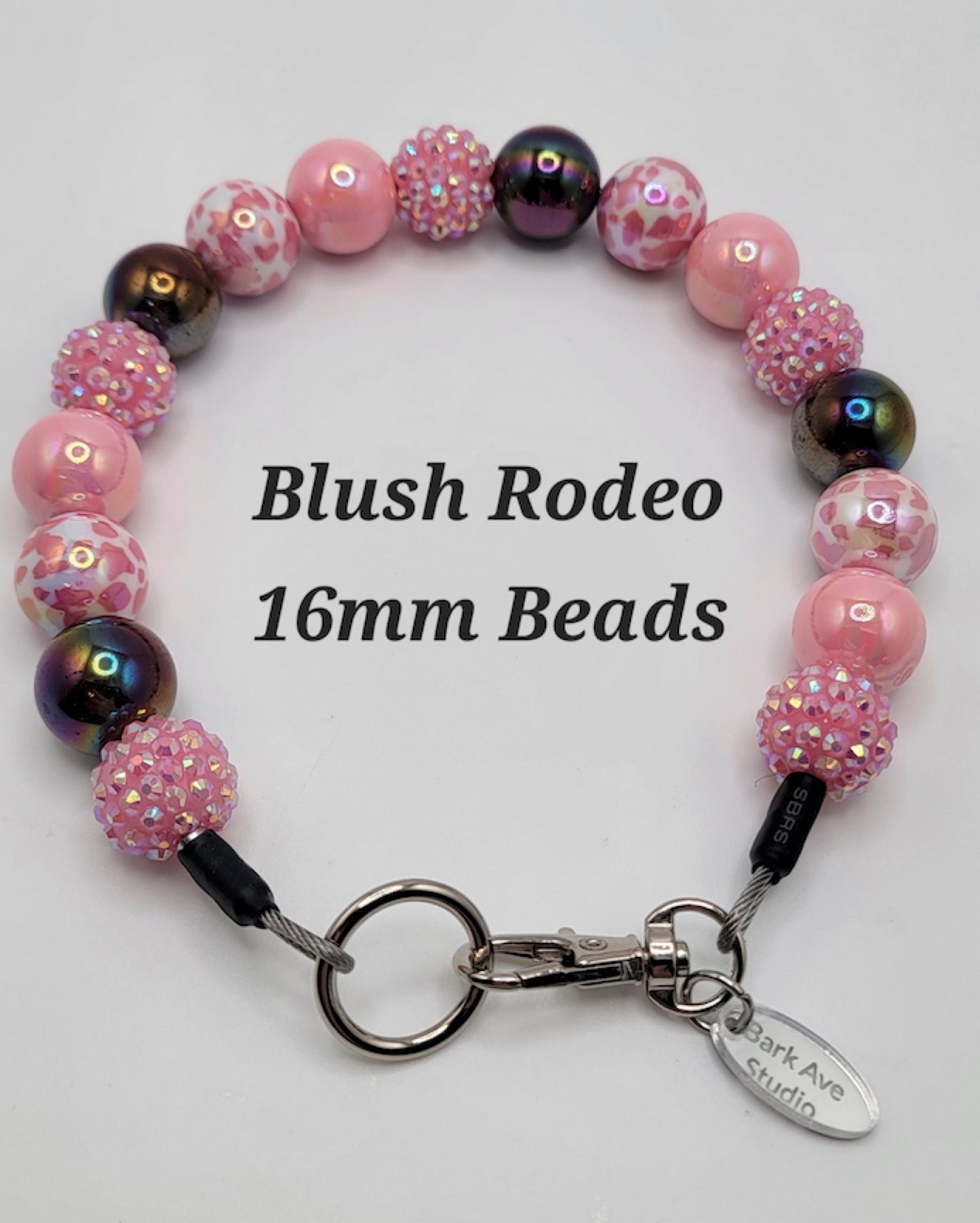 Blush Rodeo 16mm Beads by Bark Ave Studio, a pink and iridescent beaded collar with a metal clasp