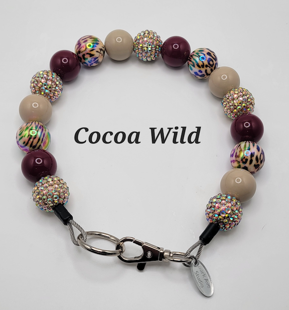 Bark Ave Studio Cocoa Wild beaded dog collar with tan, maroon, leopard print, and rhinestone beads