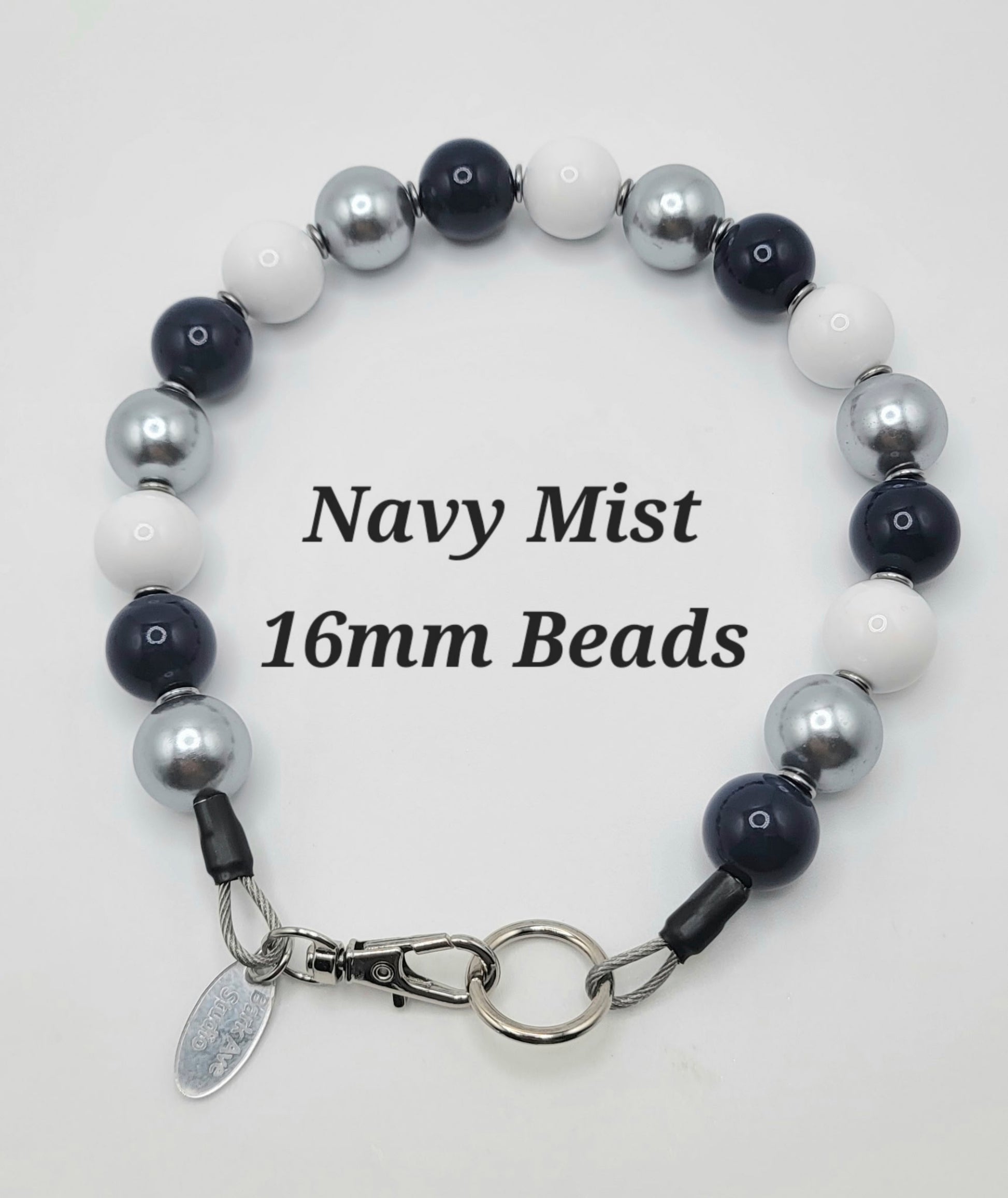 Navy Mist 16mm Beaded Lanyard by BirkAve Studio, featuring navy, silver, and white beads