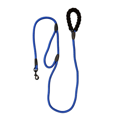 Bark Appeal 6' Dual-Handle Rope Leash in blue with a black padded handle and black metal clip