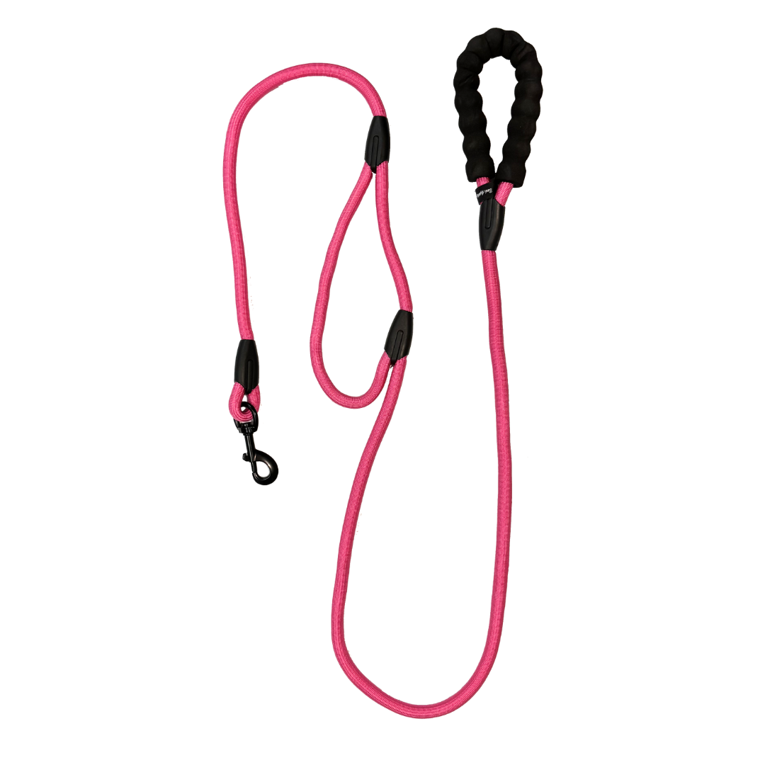 Bark Appeal 6' Dual-Handle Rope Leash in pink with black padded handles and black metal clip