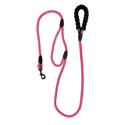 Bark Appeal 6' Dual-Handle Rope Leash in pink with black padded handles and black metal clip