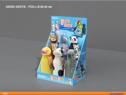 Asobu Bestie Bottle PDQ display with various animal-shaped bottles including a duck, cow, panda, and koala