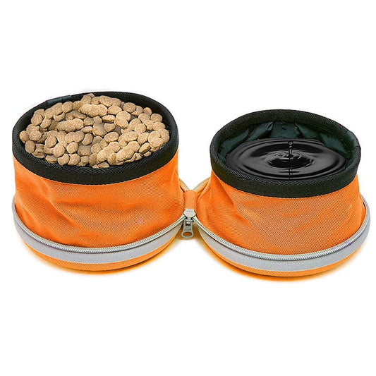 Muttluks MuTTravel 2-in-1 Zippered Dog Bowl, orange, filled with kibble and water