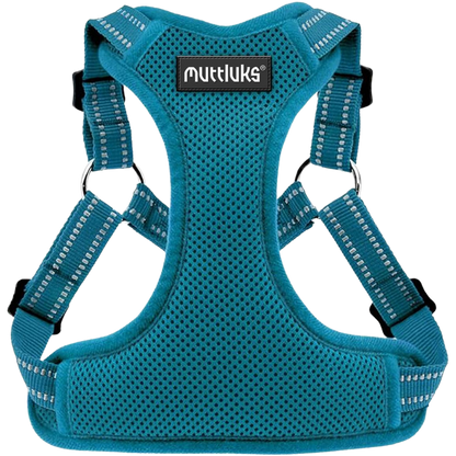 Muttluks teal dog harness with reflective stripes and mesh padding