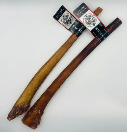 Two 12-inch jumbo bully sticks, one natural and one smoked, from The Craft Butcher