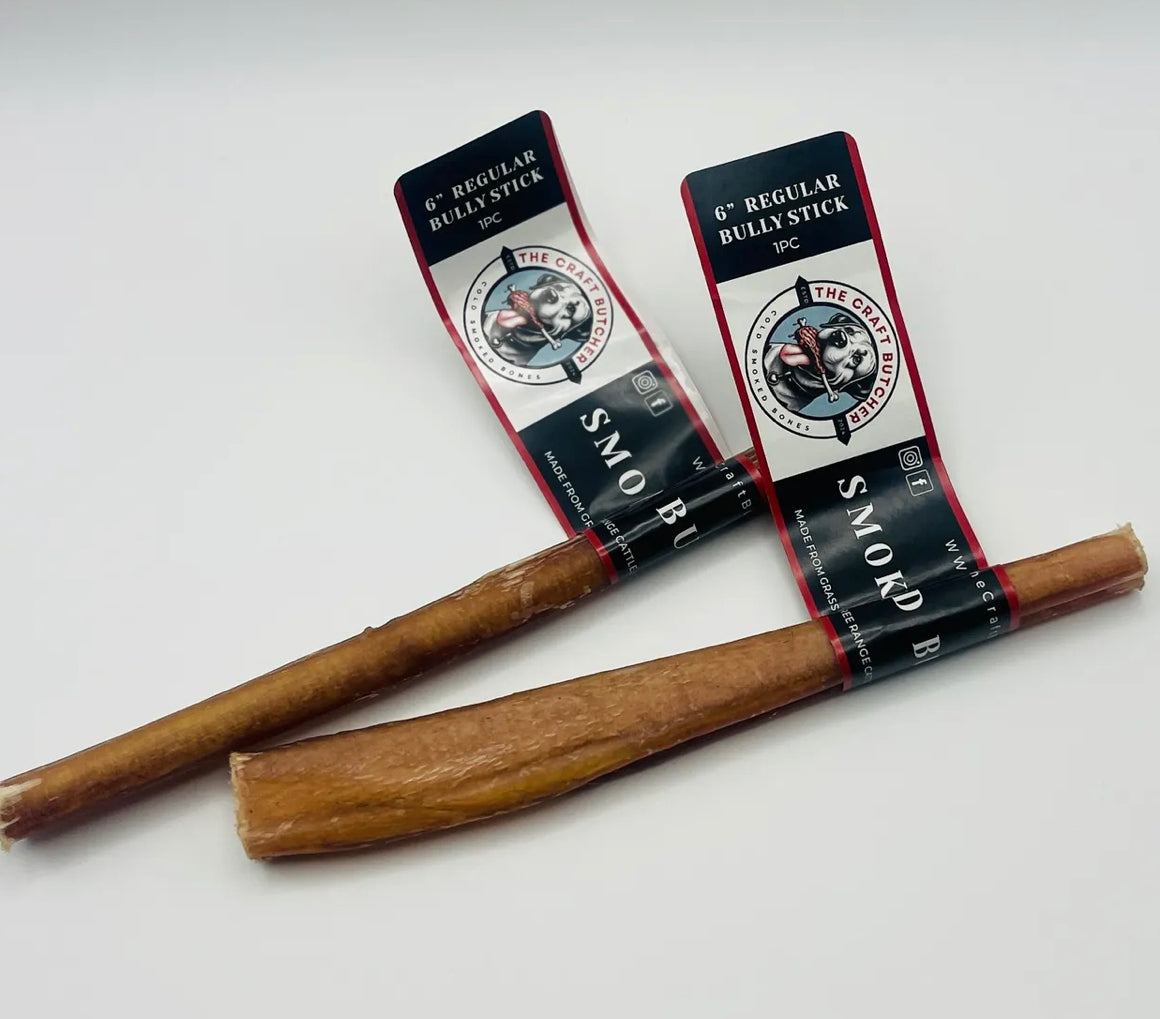 Two 6-inch regular bully sticks by The Craft Butcher, made from grass-fed cattle