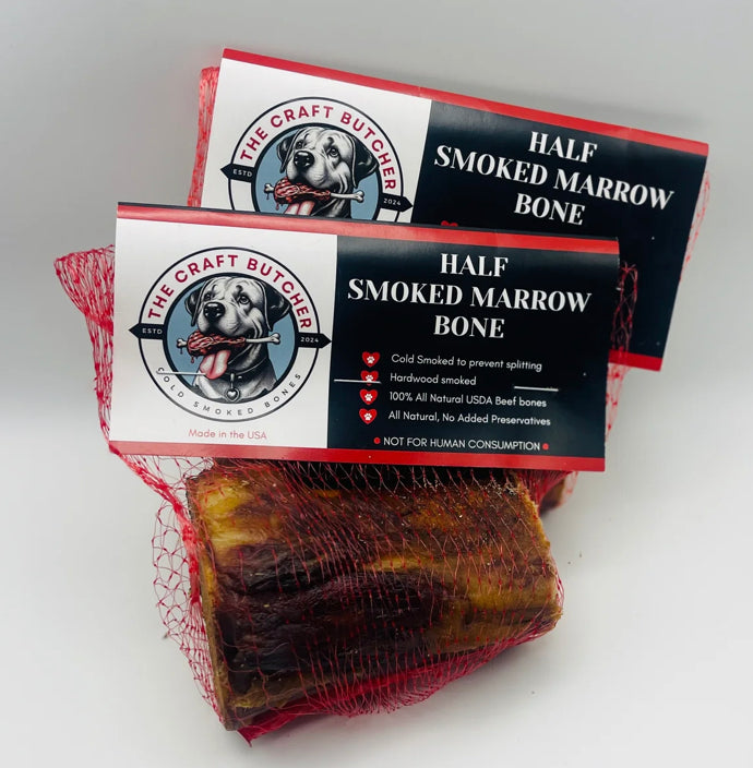 The Craft Butcher Smoked Bones- Netted, two half smoked marrow bones in red netting with labels