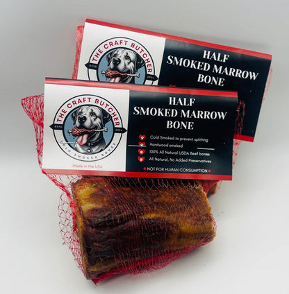 The Craft Butcher Smoked Bones- Netted, two half smoked marrow bones in red netting with labels
