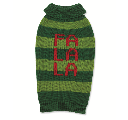 Green Striped Sweater with FA LA LA in big red letters