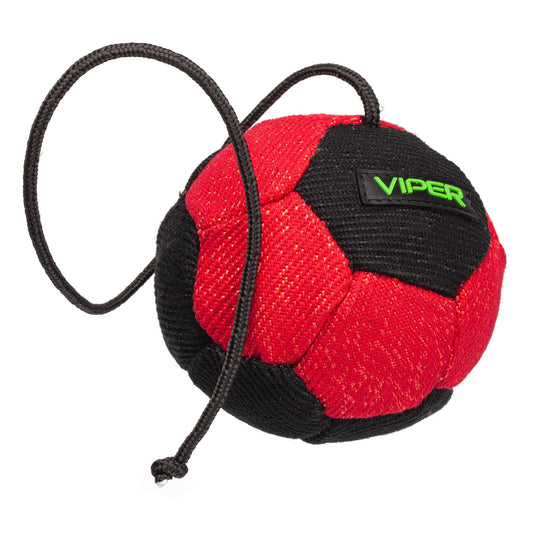 DOGLINE Viper French Linen Ball, red and black with a black rope handle and green Viper logo