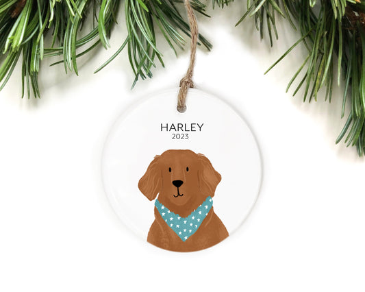 Harley 2023 dog ornament with a brown dog wearing a blue bandana with white stars