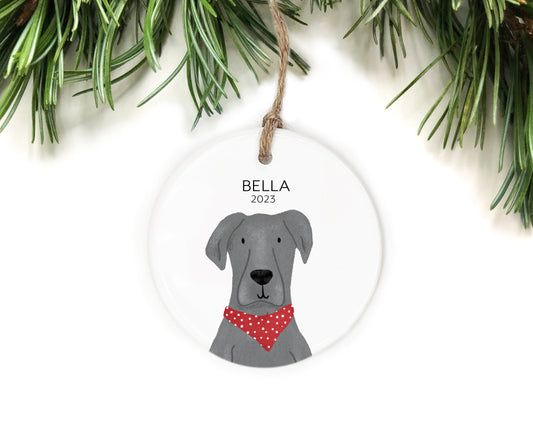 Bella 2023 dog ornament with gray dog wearing red bandana
