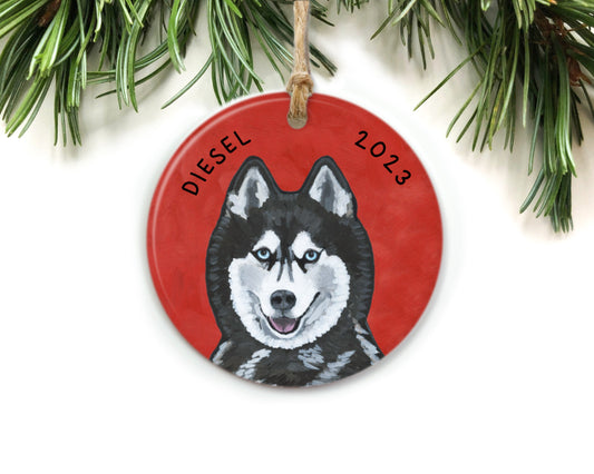 Siberian Husky Ornament by The Cheery Pet (Jessi McNeal) with Diesel 2023 on red background