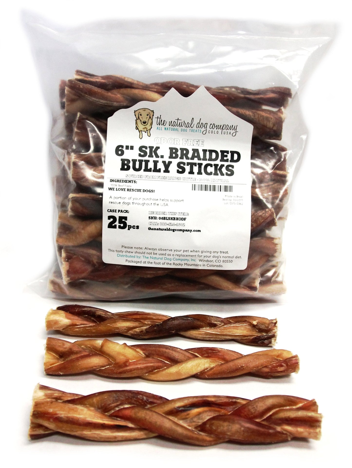 6" Standard Braided Bully Stick - Odor Free (Bulk) - Pack of 25