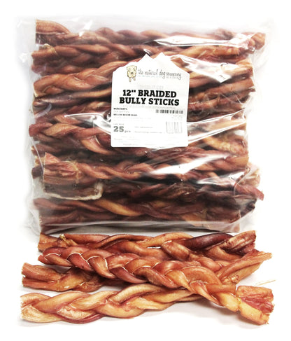 12" Thick Braided Bully Sticks - Odor Free (Bulk)- Pack of 25