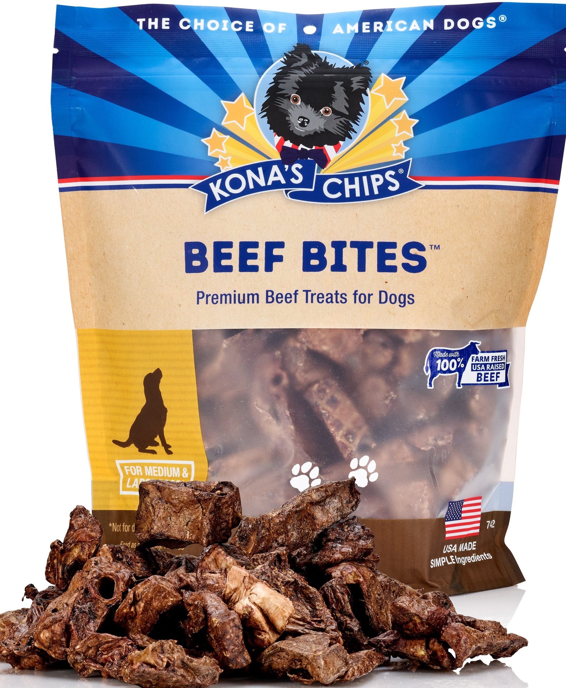 Kona's Chips Beef Bites dog treats bag with treats spilling out