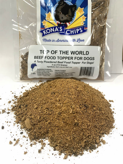 Kona's Chips Beef Food Topper 4 oz, a pile of brown powder with a bag in the background