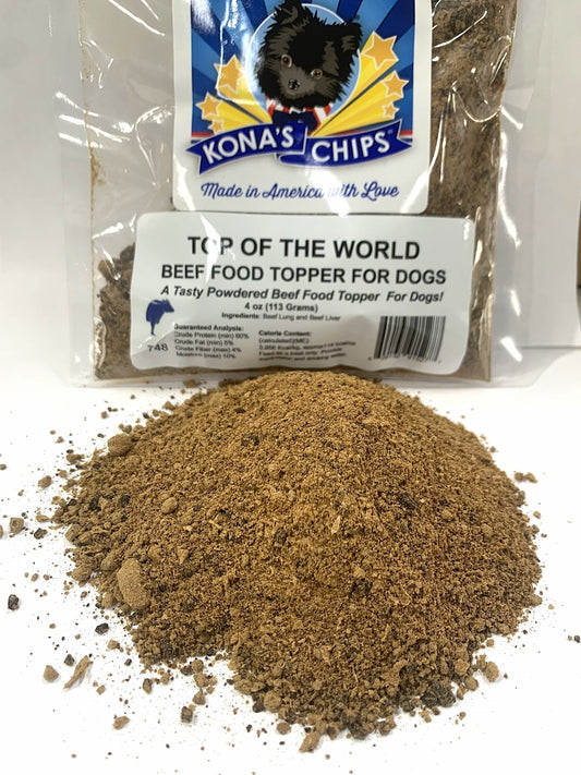 Kona's Chips Beef Food Topper 4 oz, a pile of brown powder with a bag in the background